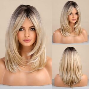 Long Layered Blonde Wig with Bangs • Natural Wavy Synthetic Heat-Resistant